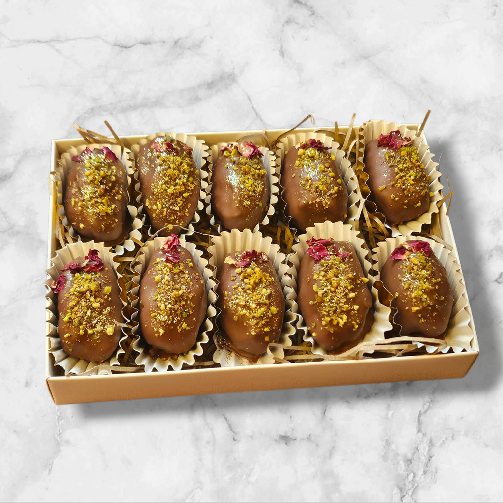 Belgian Chocolate Medjool Dates With Pistachio Kunafa